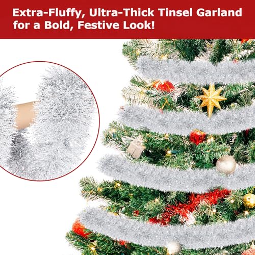Image of 50ft Silver & White Christmas Tinsel Garland - Metallic Tinsel Glitter Twist Garland Hanging Streamers for Indoor /Outdoor Decor Xmas Tree Garlands Decorations