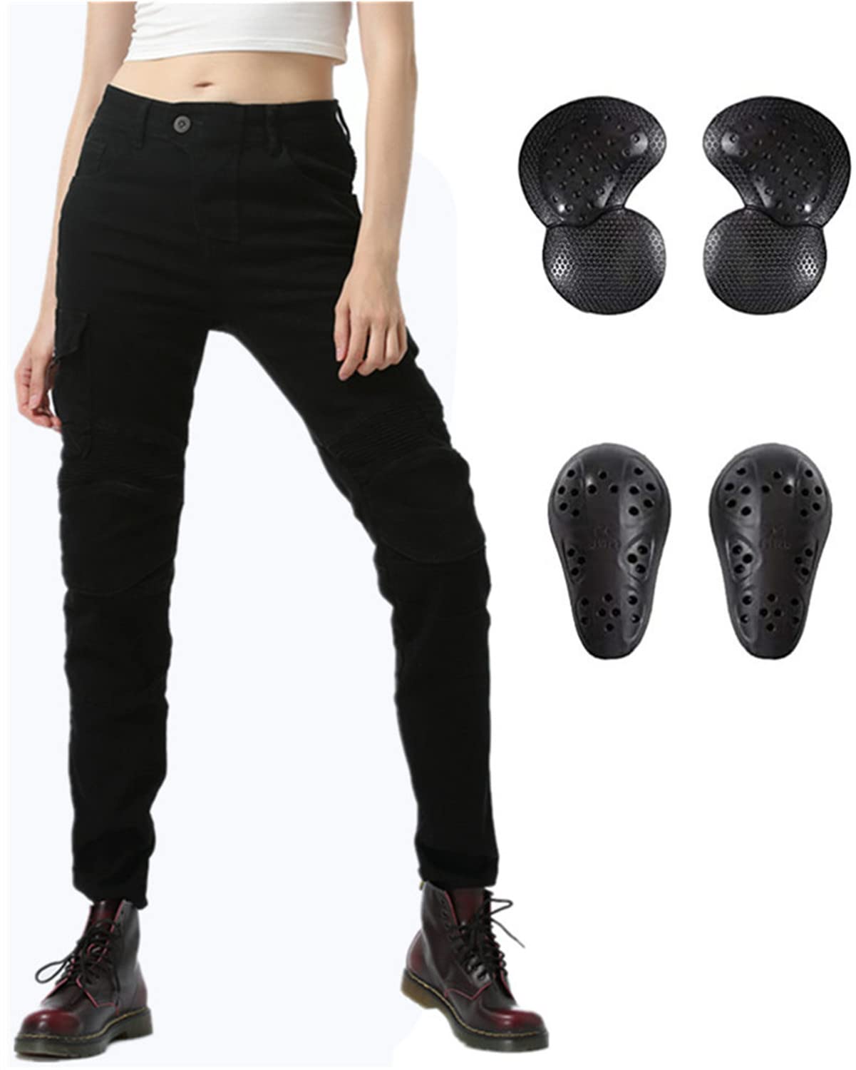 LINGKY Pantaloni da Moto da Donna Equitazione Pantaloni Motorcycle Biker Jeans Protezione Rinforzato Ginocchio Anca Pads