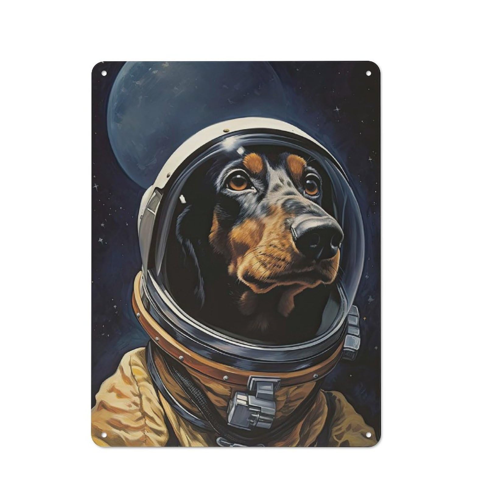 Decorative Tin Sign with Dachshund The Astronaut Design 40x30cm, Farmhouse Cottage Wall Art for Farmhouse Kitchen, Pantry Or Dining Area