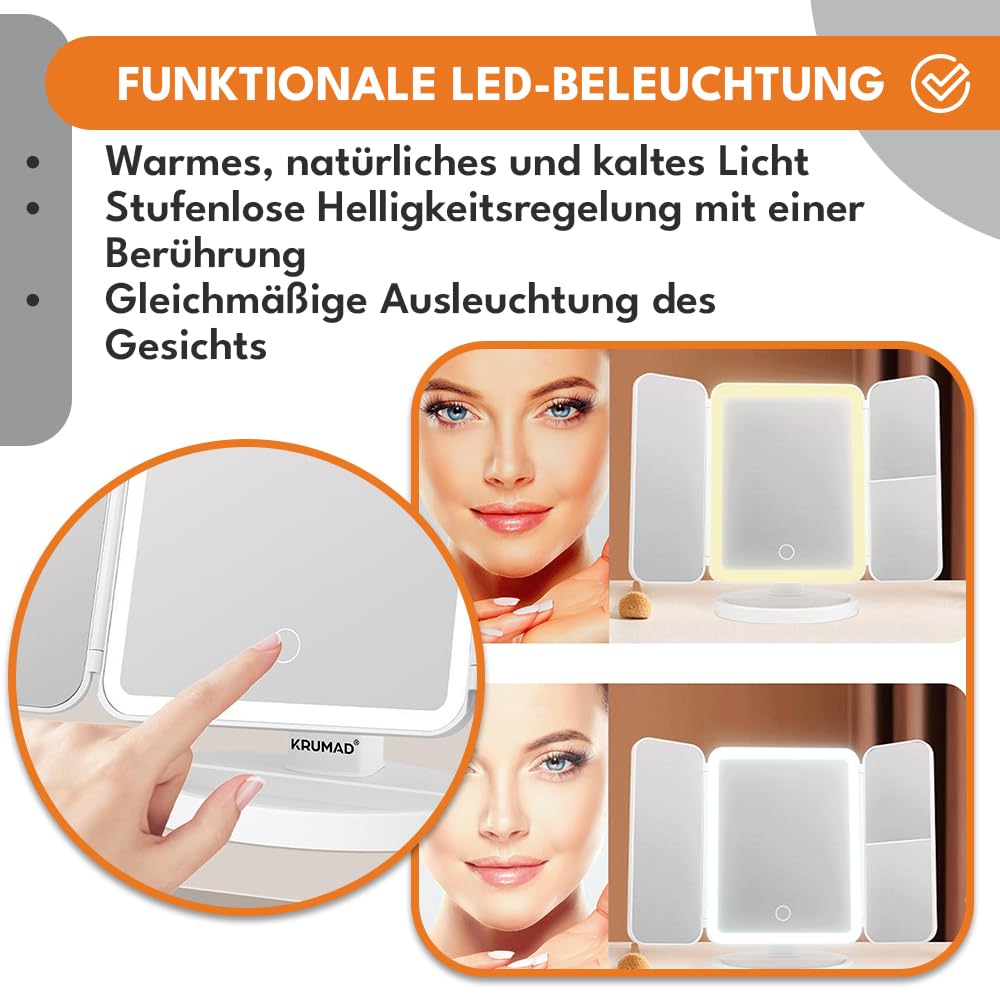 KRUMAD Lusterko do makijażu LED potrójne, 3 kolory światła, 175x240 mm, kosmetyczne lusterko z regulacją jasności i akumulatorem USB-C