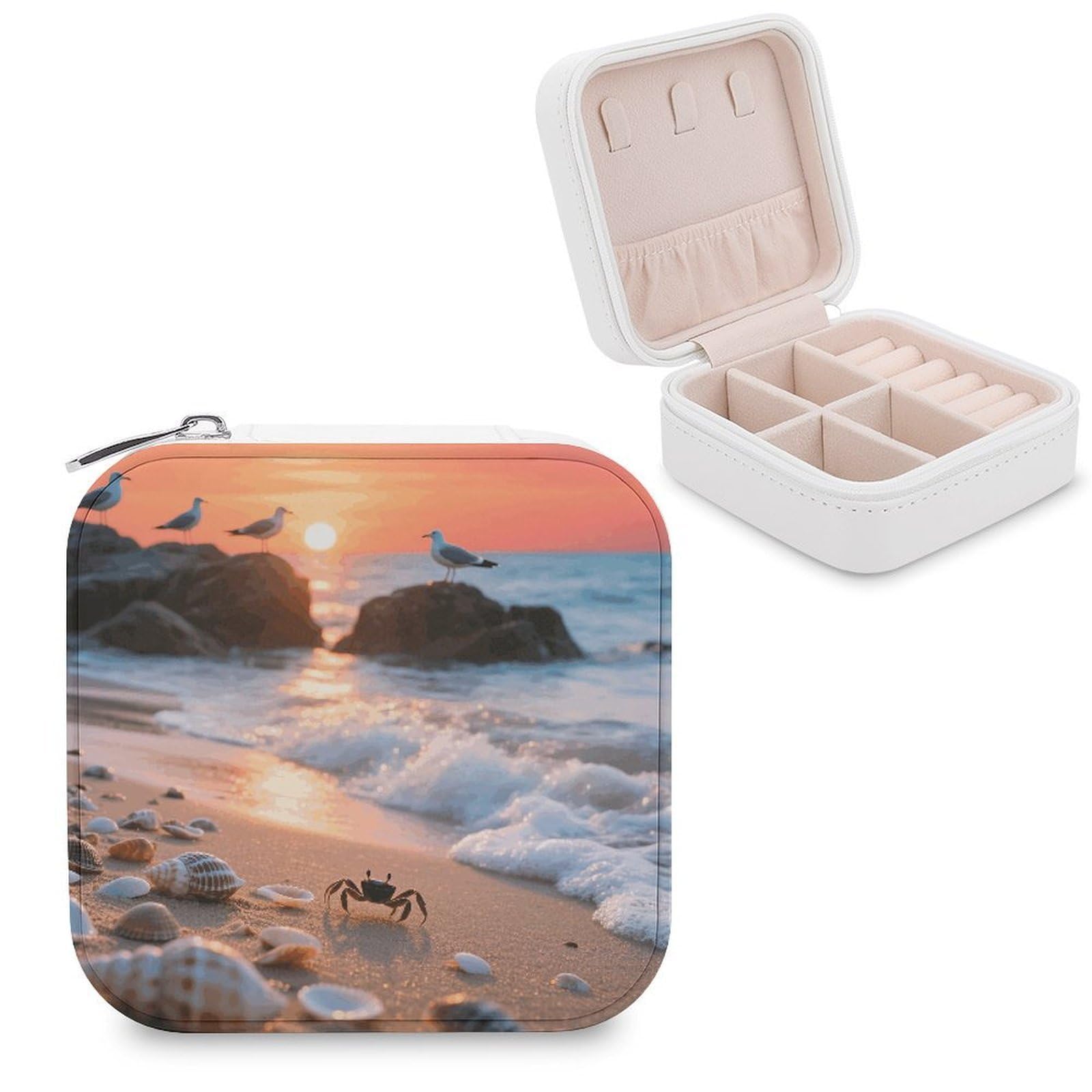 VstaDank Sea Beach Sunset Jewelry Organizer Travel Case for Women With Zipper Mini Jewelry Case PU Leather Jewelrys Box for Rings Necklaces Bracelets Earring Holder Organizer Storage