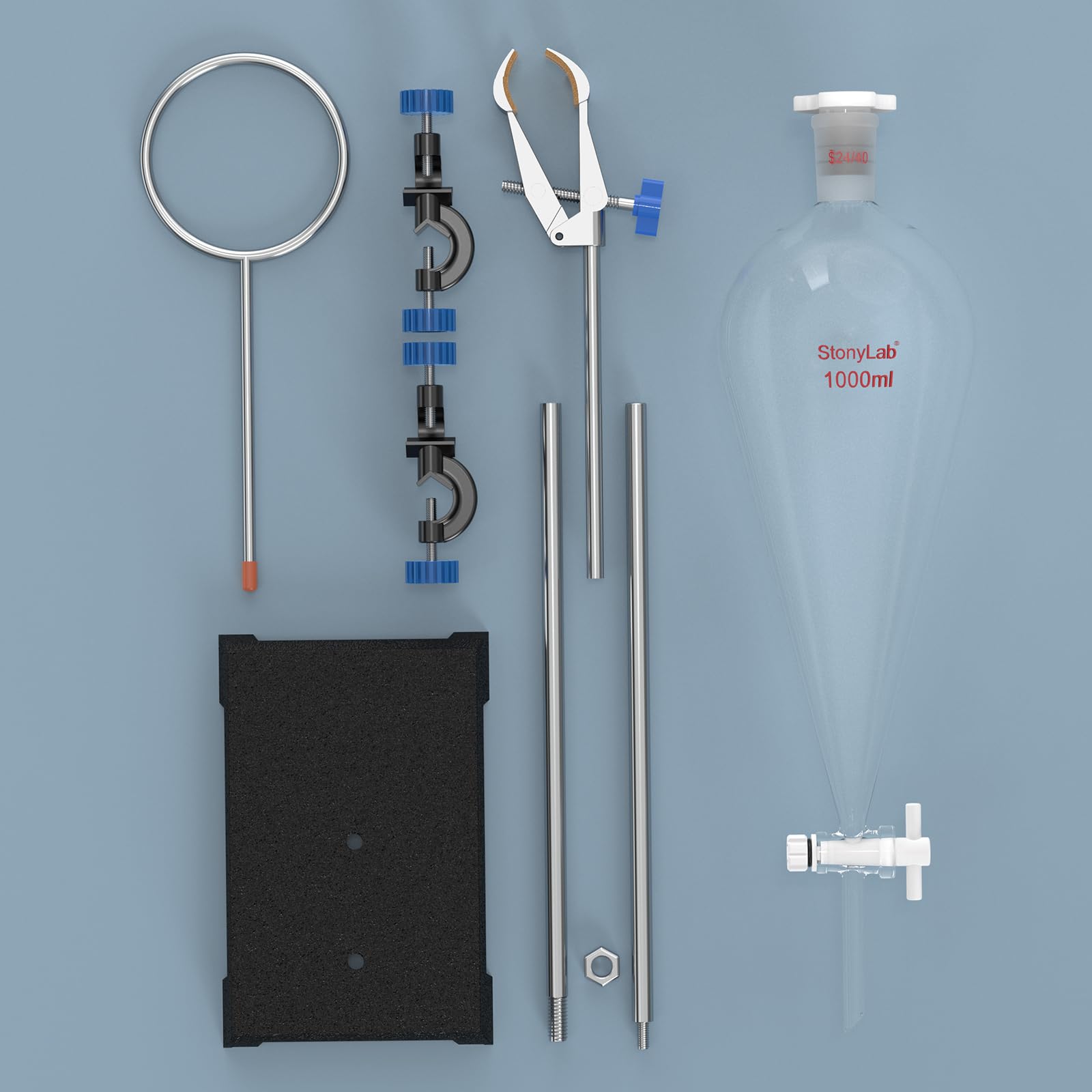 stonylab Borosilikatglas Scheidetrichter mit Laborständer Set, 1000 ml Kapazität, 24/40 Schliff und PTFE-Hahn für Titration Extraktion