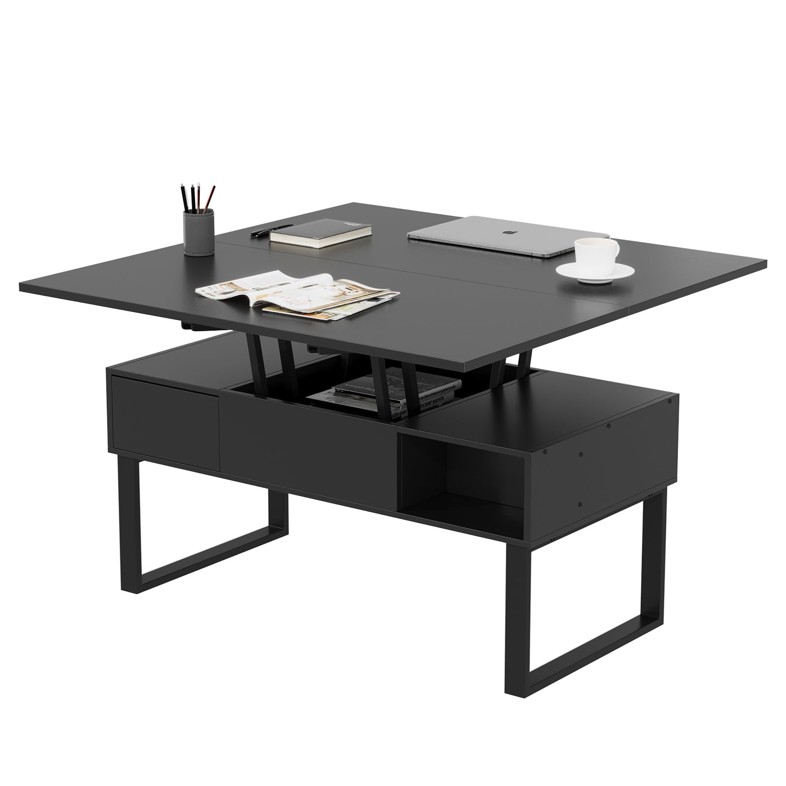 VOWNER Mesa de Centro de Altura Ajustable, Mesa de Salón Multifuncional 3 en 1 con 2 Cajones y Almacenamiento Oculto, se Puede Utilizar como Mesa de Comedor (Negro)