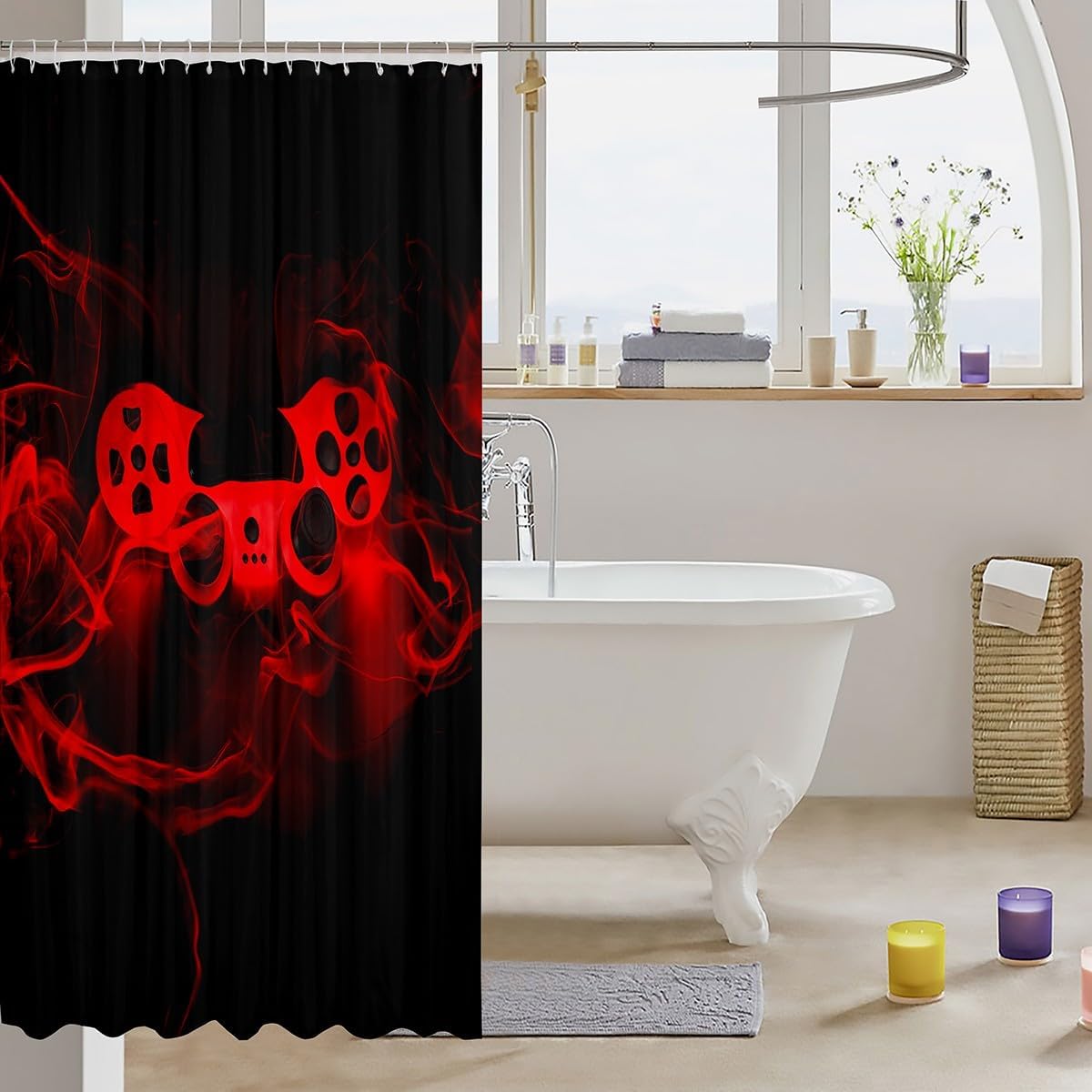 Game Shower Curtain for Boys Gamer Gamepad Bath Curtain Kids Game Room Decor,Gaming Controller Fabric Shower Curtains Novelty Retro Game Console Waterproof Curtain Sets, 72" W x 84" L Red Black image 3