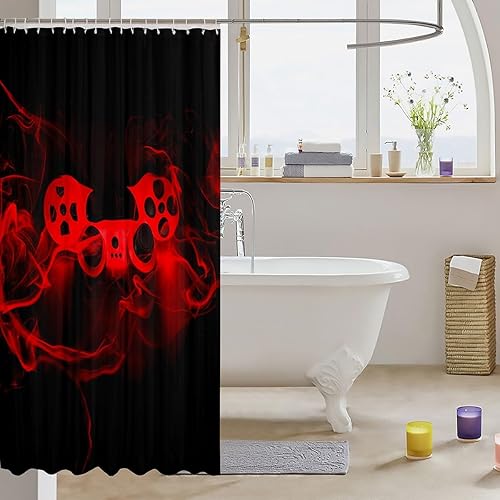 Miniatura 3 de Cortina de ducha con estampado de consola de videojuegos para niños, decoración de sala de juegos, cortinas de ducha de tela con control de