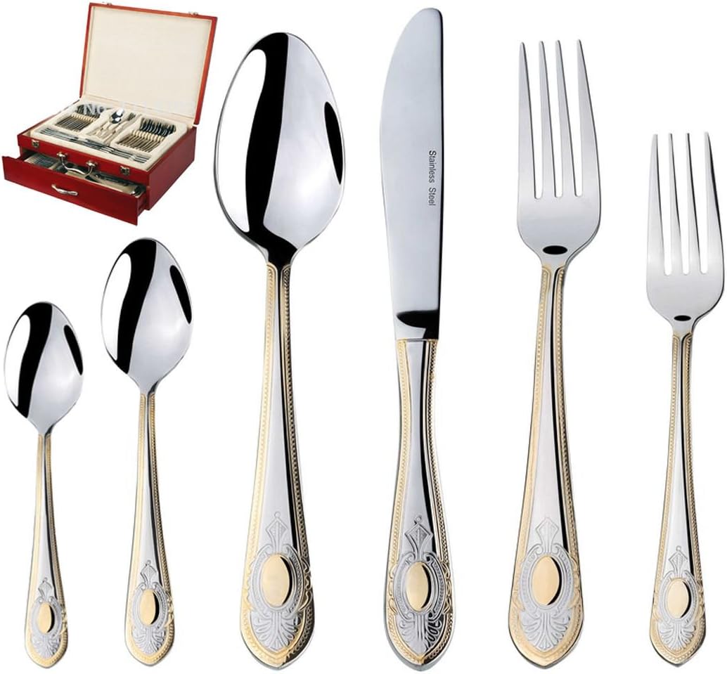 75-Piece Gold Flatware Set Dining Service for 12 - Premium 18/10 Stainless Steel - 24K Gold Plated Trim - Silverware Serving Set Lightweight - Wood Flatware Box - Dishwasher Safe (Medalion)