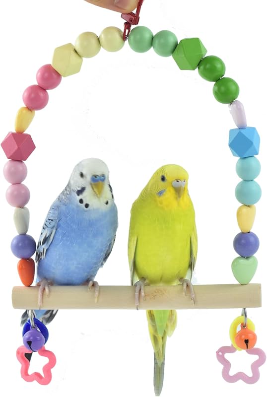 Balanço de Madeira Natural para Aves com Contas Coloridas e Sinos GUANLANT – 19,41 x 15,9 x 2,01 cm