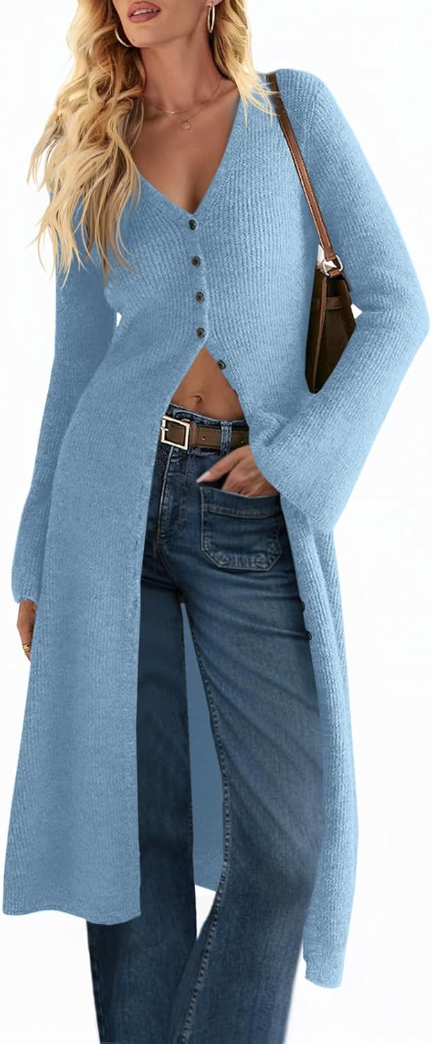 Saodimallsu Womens Long Cardigan Sweaters Oversized Bell Sleeve Open Front Button Down Casual Knit Fall Midi Dress