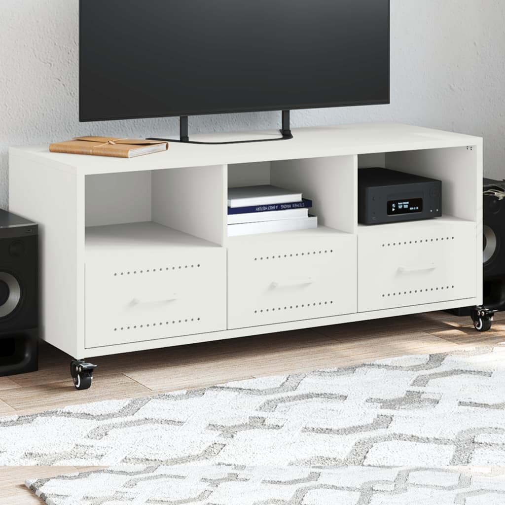 Mueble de TV blanco de acero laminado en frío, 100,5 x 39 x 43,5 cm, con 3 cajones y 3 compartimentos, con ruedas, mueble versátil para salón, dormitorio, cine en casa