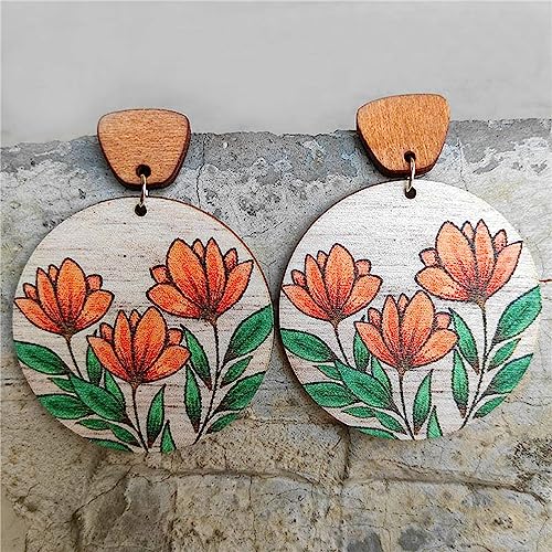Handmade Bohemian Lightweight Round Wooden Sunflower Dangle Drop Earrings Vintage Boho Wood Geometry Flower Stud Earring for Women Statement3