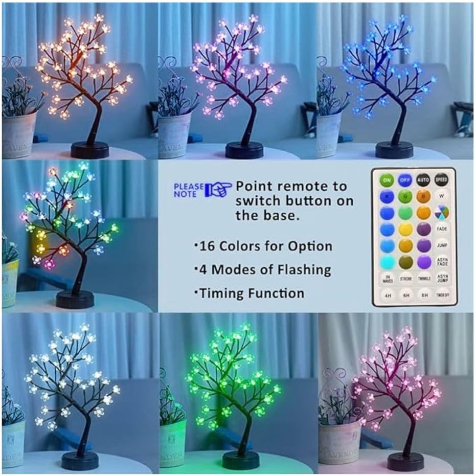 Silicone, Plastic RGB Cherry Blossom Tree Light for Baby Room Decor with Remote 16 Color-Changing LED Artificial Flower Bonsai Tree, DIY Table Top Lamp Home Christmas 24 LED (Cherry Remote)