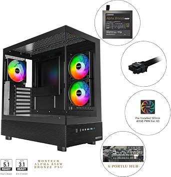 Montech XR Cam Panel Oyuncu Kasası Siyah + Alpha 80+ Bronze 850W ATX 3.1 Gen5.1 PSU + 6 Port Fan & ARGB Kontrolcü