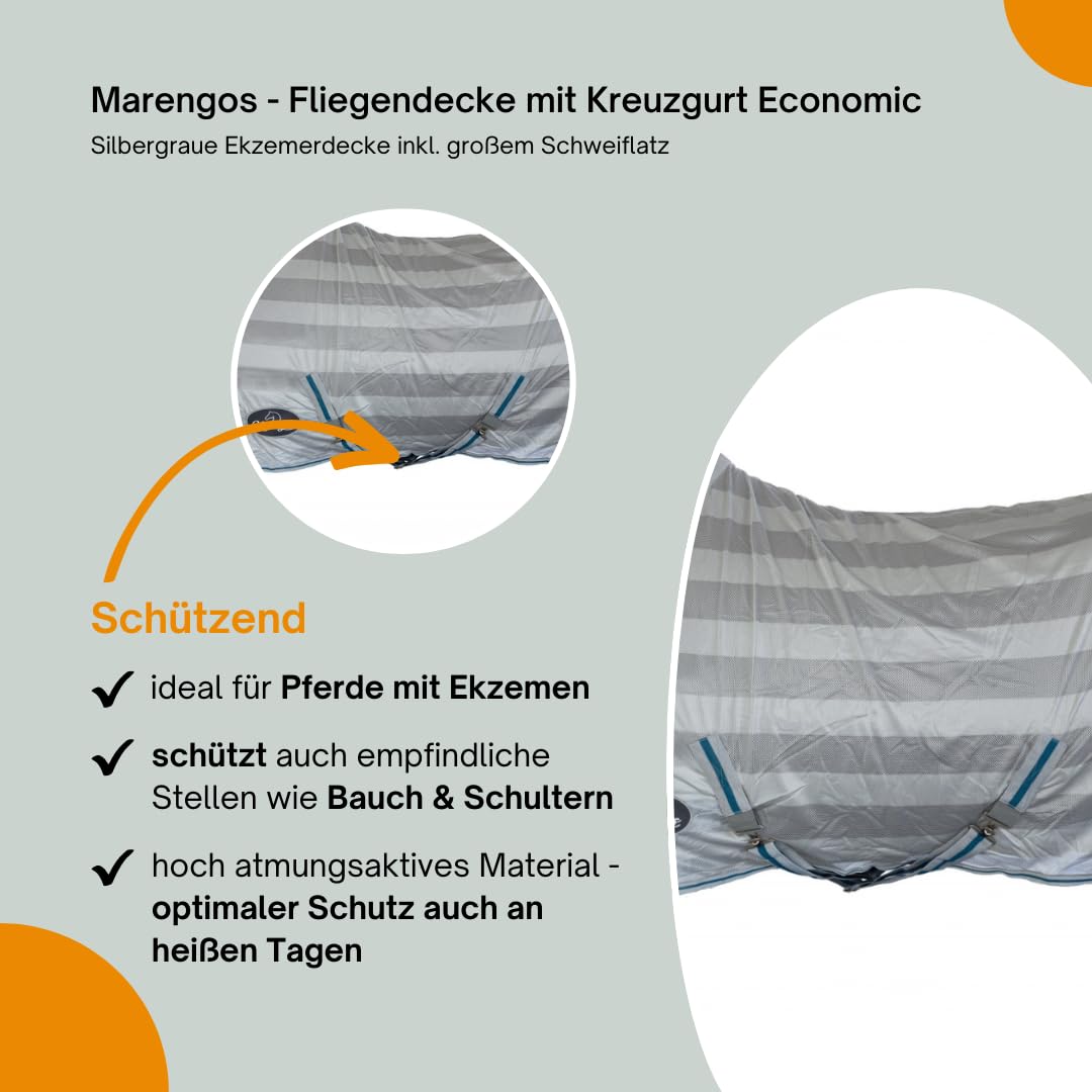 Marengos - Fliegendecke mit Kreuzgurt Economic – Schutz vor Insekten & Plagegeistern – Ekzemerdecke inkl. großem Schweiflatz – Verstellbarer Kreuzgurt – Pferdedecke in Silbergrau – 155 cm