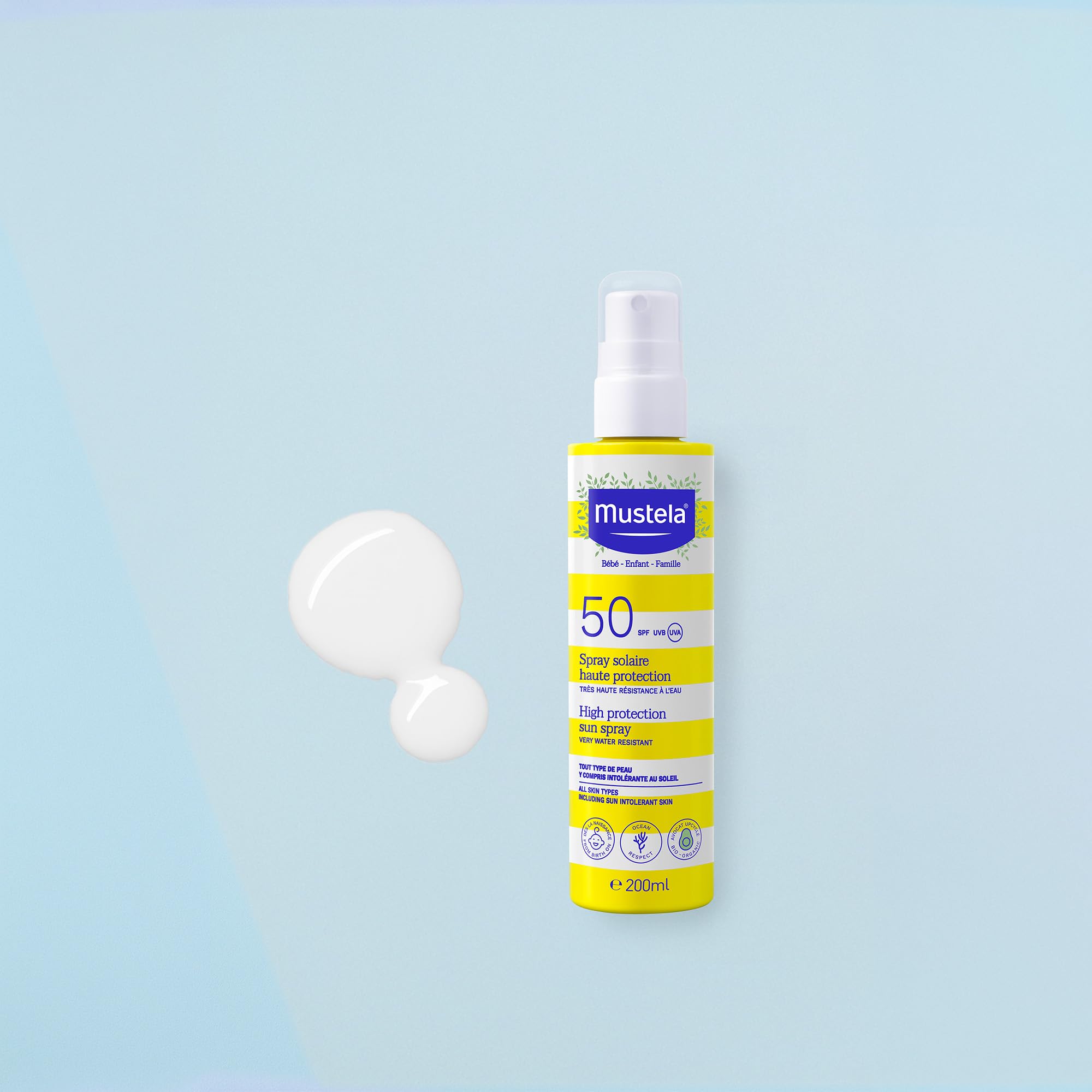 Mustela Spray Latte Solare Spf 50, Viso, Corpo, Con Avocado e Vitamina E, Neonati, Bambini, Tutta la Famiglia, Adatto in Gravidanza - Protezione Molto Alta dai Raggi UVB e UVA (200ml)