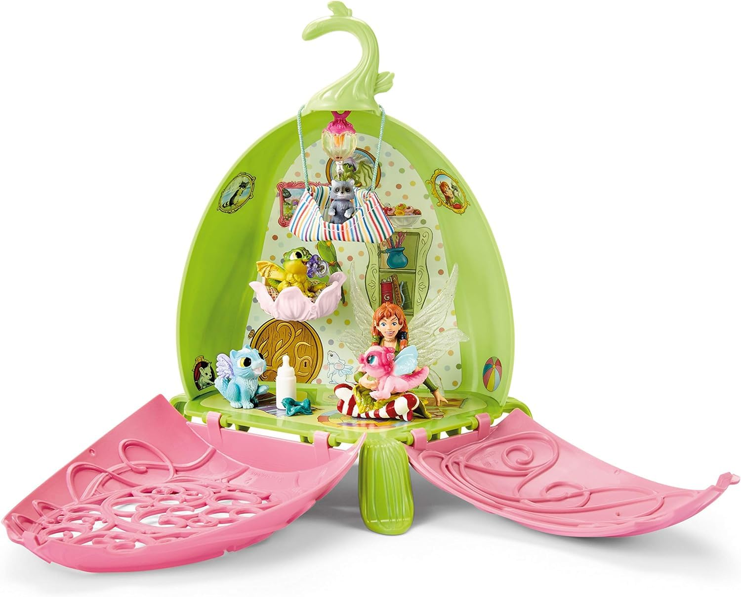 schleich BAYALA | Asilo magico di Marween 42520 | set con l’elfa Marween, 2 cuccioli di drago, gattino alato e procione | fiore richiudibile e trasportabile con accessori | dai 5 anni in su | 19 pezzi