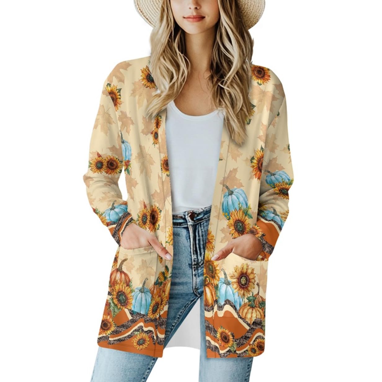 Fall Maple Leaf Cardigan Sweaters for Women Long Sleeve Cardigan Soft Drape Open Front Dusters V-Neck Jackets Dressy
