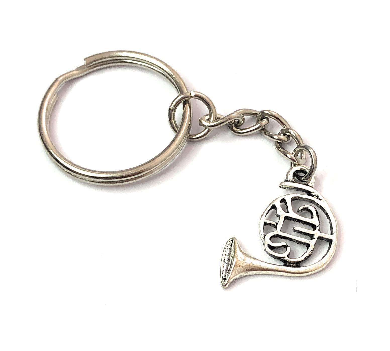 French Horn Charm Keyring Key Ring with Silver Tone Keychain