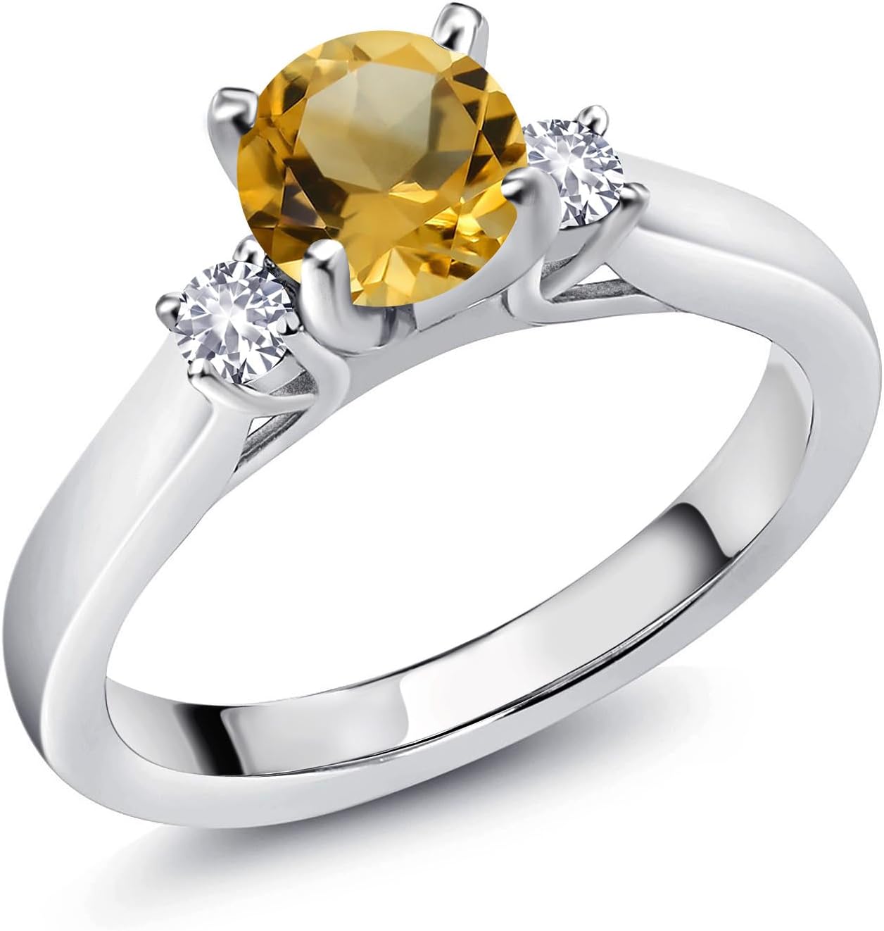 Gem Stone King 0.90 Cttw Yellow Citrine and White Created Sapphire 3-Stone Engagement Ring For Women | 925 Sterling Silver | Round 6MM | Wedding Engagement Anniversary Promise Ring For Women