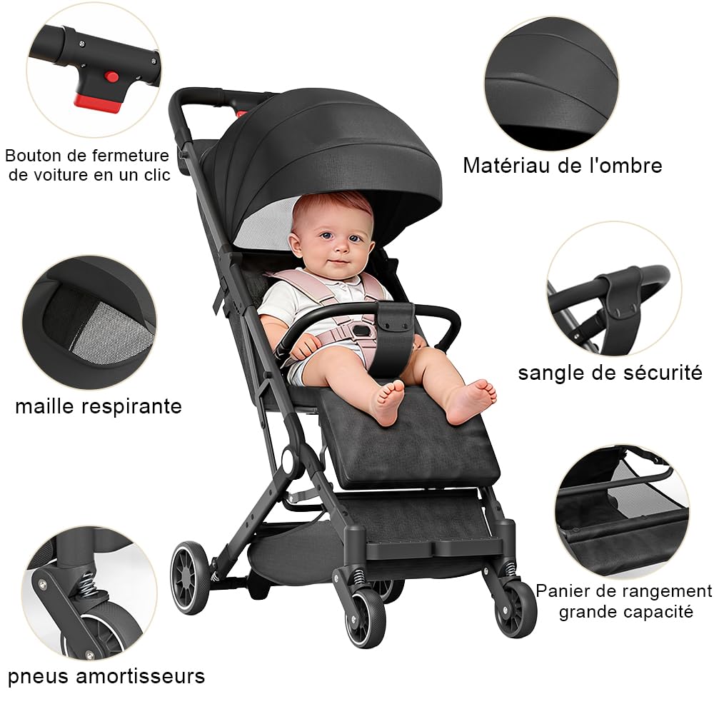 Ultra kompaktowy, wygodny i lekki wózek, od urodzenia do 4 lat, 0-15 kg, uniwersalne siedzisko dla wszystkich stopni (szary)
