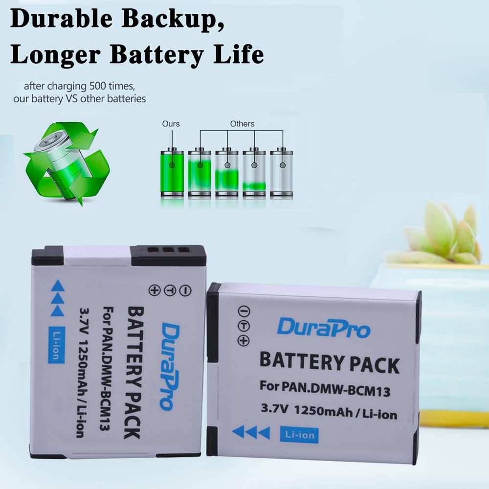 DuraPro 2 Packs 1250mAh DMW-BCM13 Akku + LCD-USB-Ladegerät für Panasonic Lumix ZS40 / TZ60-, ZS45 / TZ57-, ZS50 / TZ70-, ZS27 / TZ37-, TZ41-Kameras