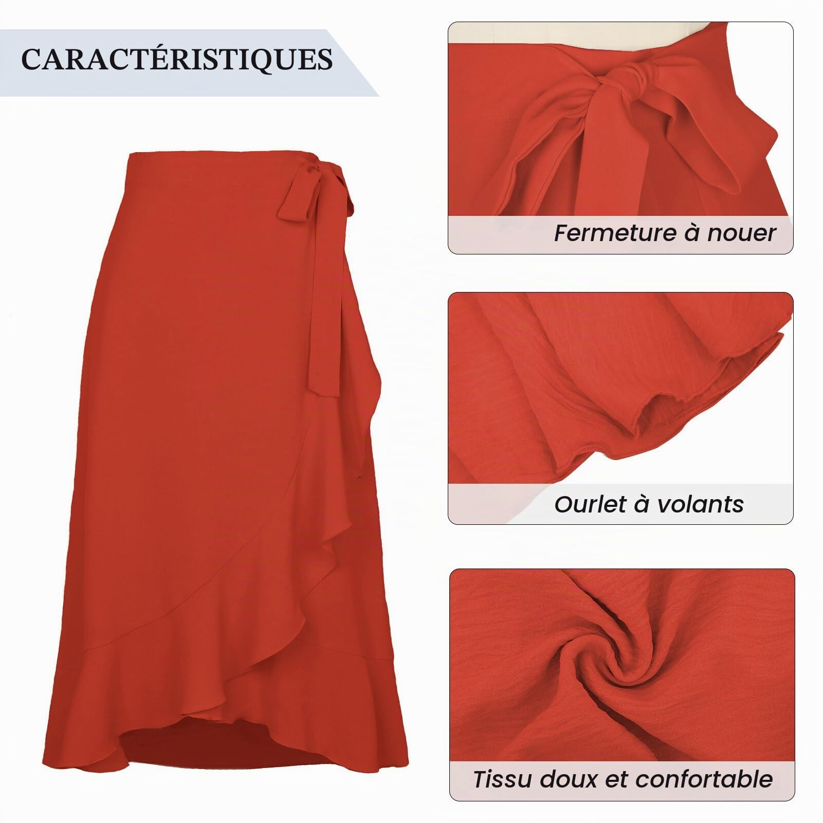 FEOYA Jupe Portefeuille mi-Longue Femmes Une Pièce Jupes Longues D'été Décontractées pour La Plage Taille Haute Jupes Maxi Enveloppantes
