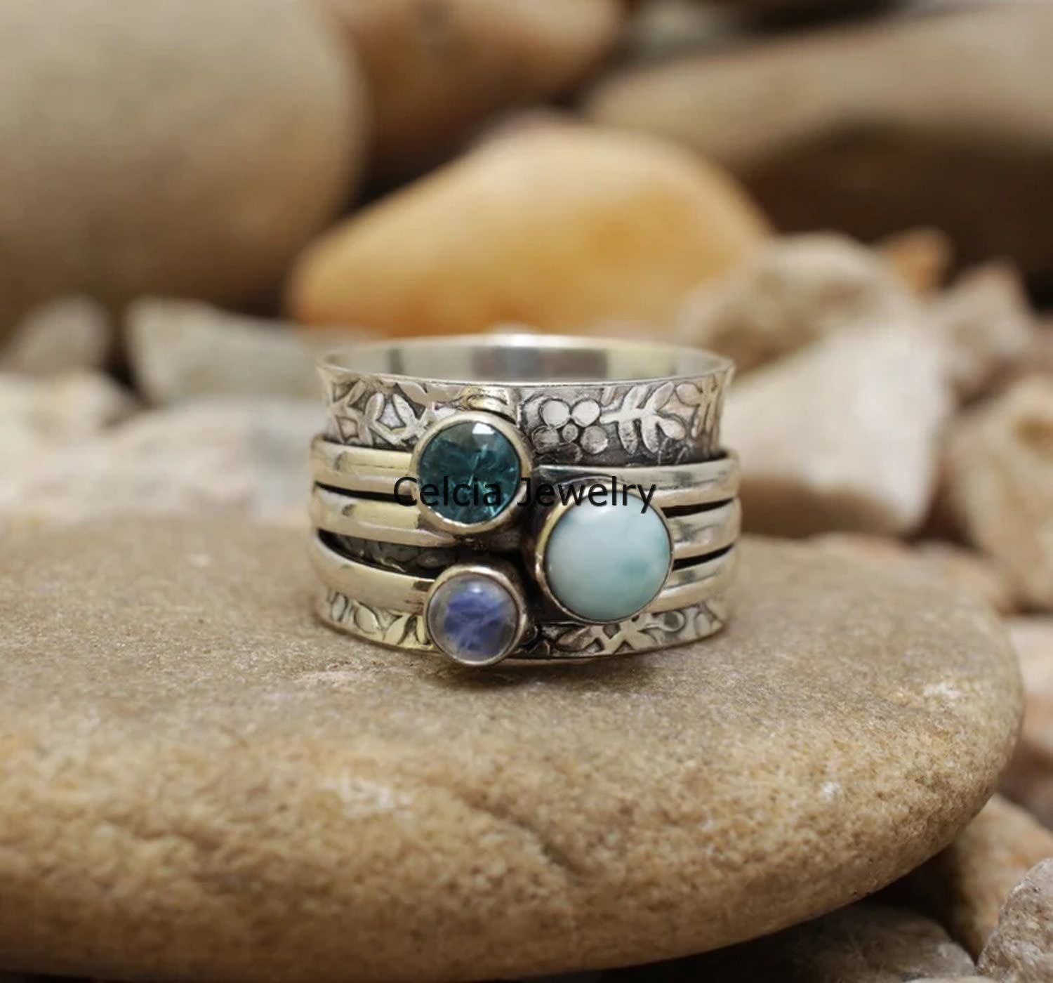 Larimar, blauer Topas und Mondstein mit mehreren Edelsteinen, einzigartiger Spinner-Ring, Spinning-Ring für Frauen, Angst-Spin-Ring, Fidget-Ring, Meditationsring, Geburtsstein-Ring