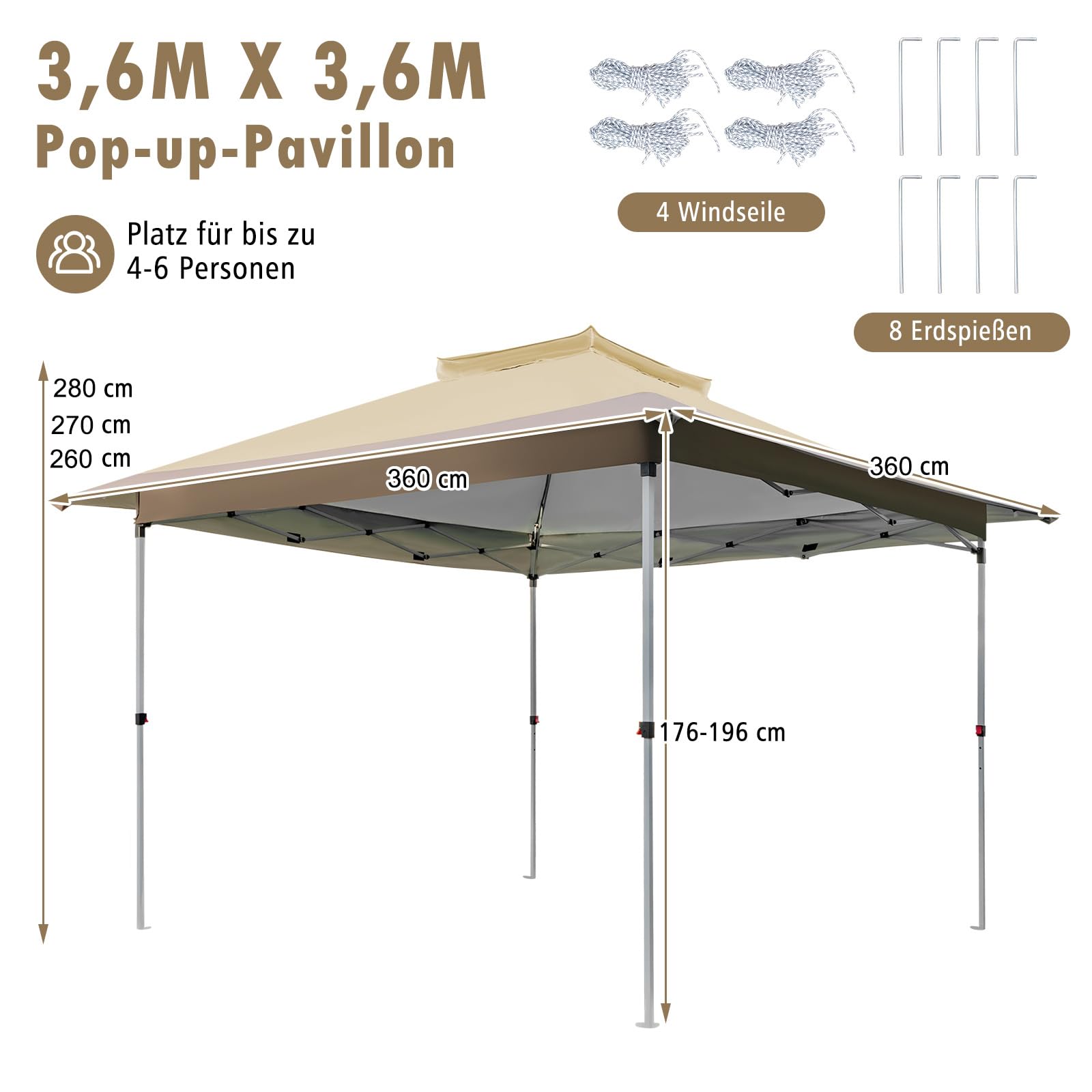 COSTWAY 3,6 x 3,6 m paviljoen met dubbel dak, waterdicht, stabiel, winterbestendig, uv-bescherming 50 , vouwpaviljoen, tuinpaviljoen met draagtas, op wieltjes, voor terras, tuin, achtertuin