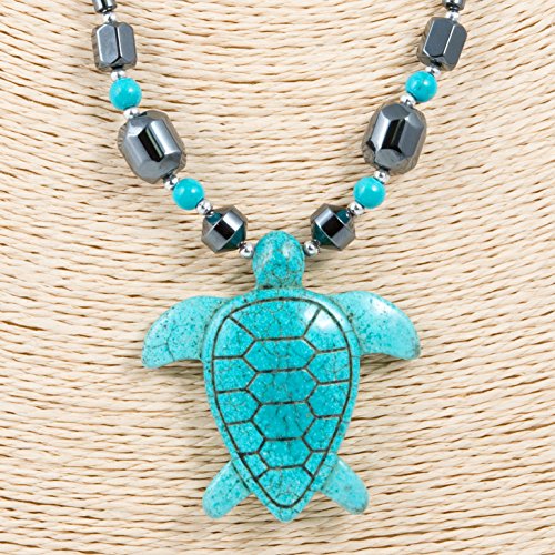 BlueRica Large Turquoise Sea Turtle on Hematite Beads Necklace3