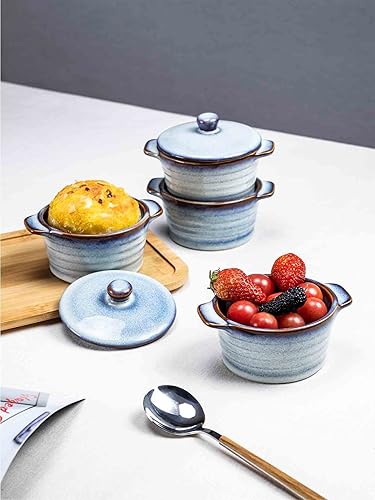 Miniatura 4 de Henten Home Ramequines de cerámica de 8 onzas con tapa, mini cocotte de porcelana con asa, juego de 4, cazuelas de esmalte reactivo para hornear,