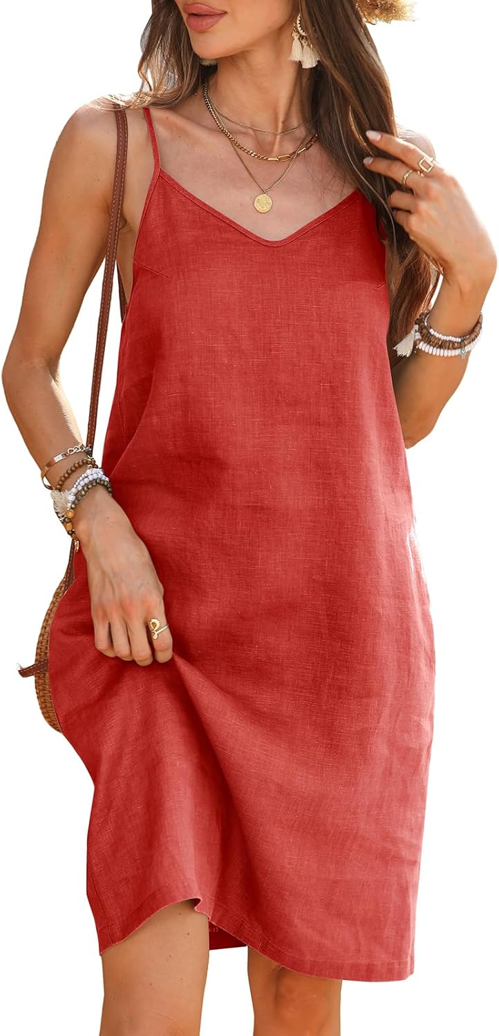 Women's 100% Linen Dress Spaghetti Strap Adjustable Strap V Neck Sleeveless Sundress Summer 2026 Beach Vacation