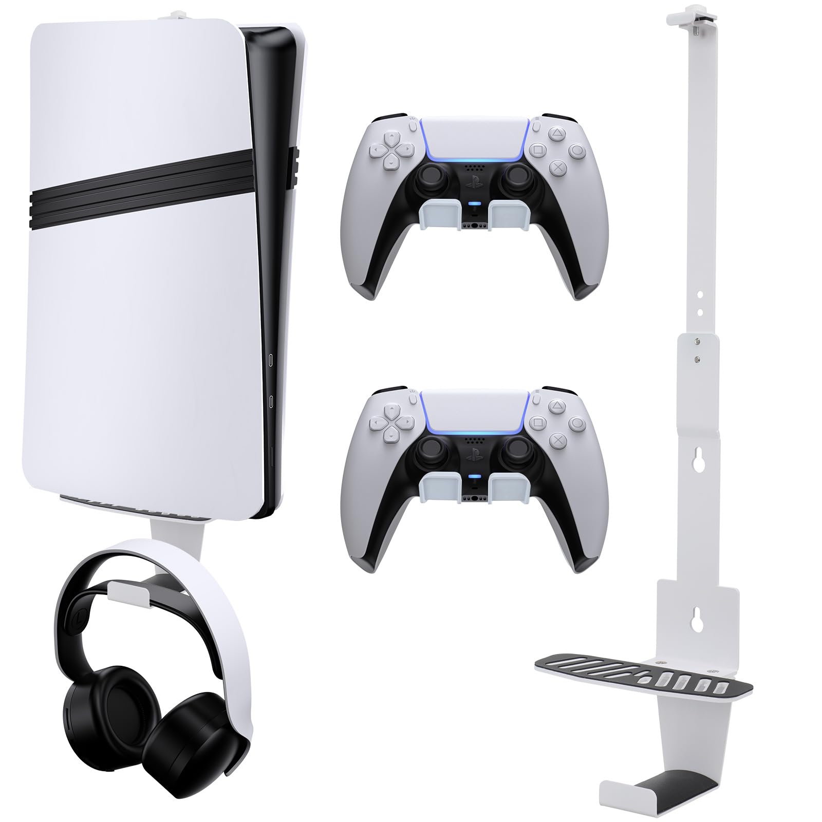 Supporto da Parete per PS5, Staffa da Parete per PS5/PS5 Slim/PS5 Pro Staffa per Montaggio a Parete per PS5/PS5 Slim/PS5 Pro in Acciaio con Gancio per Cuffie, 2 Supporti per Controller
