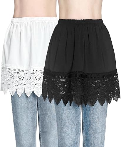 Paquete de 2 extensores de camisa de encaje para mujer, parte superior falsa, camisa de barrido inferior, falda hueca de media longitud