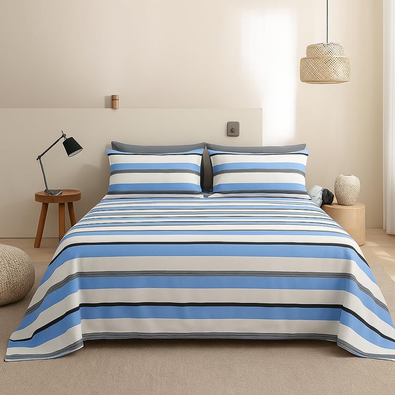 SANMARINO 300 TC Microfiber XXL Soft Cotton Super King Size Bedsheet for Double Bed, King Size 108 Inches X 108 Inches, 9 Feet, 275 X 275 cm with 2 Large Size Pillow Covers - Blue and White