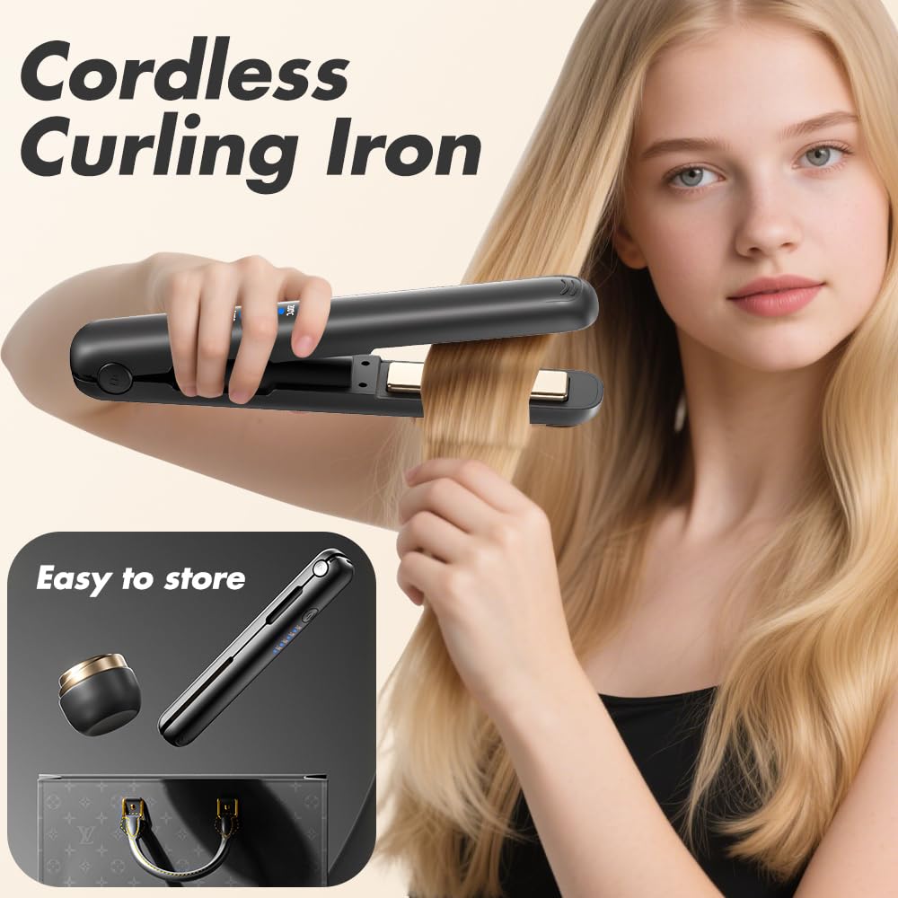 Mini Glätteisen Kabellos, 2 in 1 Reise Glätteisen Mini mit 4 Temperaturen glatteisen locken und Glätten mit LCD-Display Tragbares Reise glatteisen mit Aufladung, 30s Schnelles Aufheizen (Schwarz)