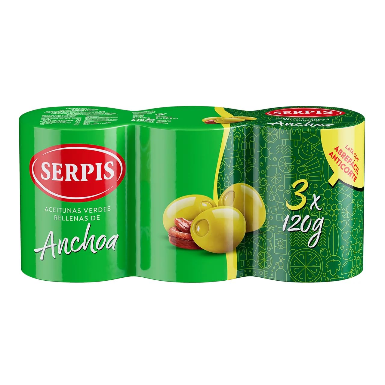 SERPIS Grüne Oliven, gefüllt mit Sardellen 3 x 120 g 9er-Packung