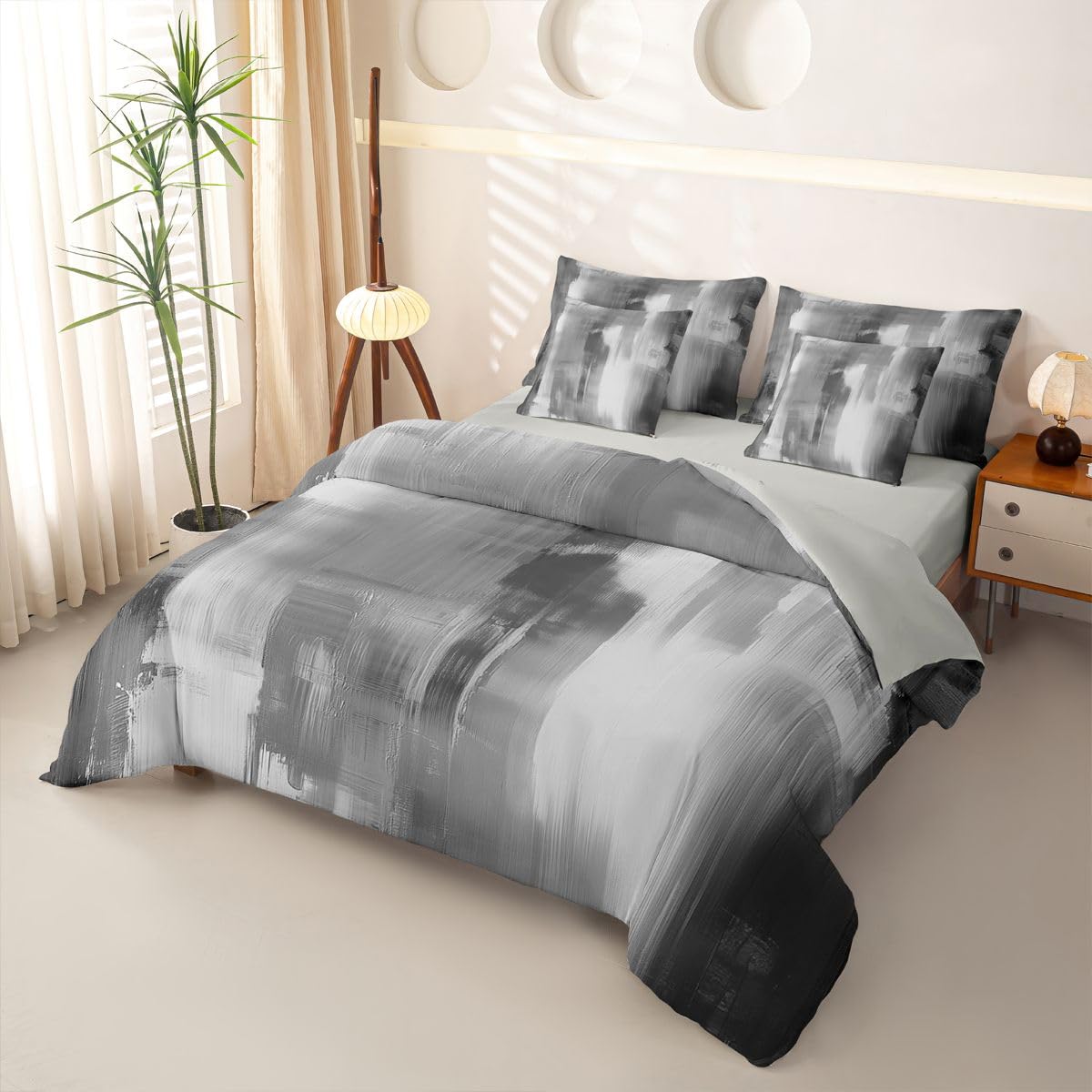 Loussiesd Set di biancheria da letto grigio e bianco con lenzuola, 7 pezzi, per letto singolo, motivo astratto, per bambini, ragazzi, ragazze, grigio e bianco, decorazione per camera da letto