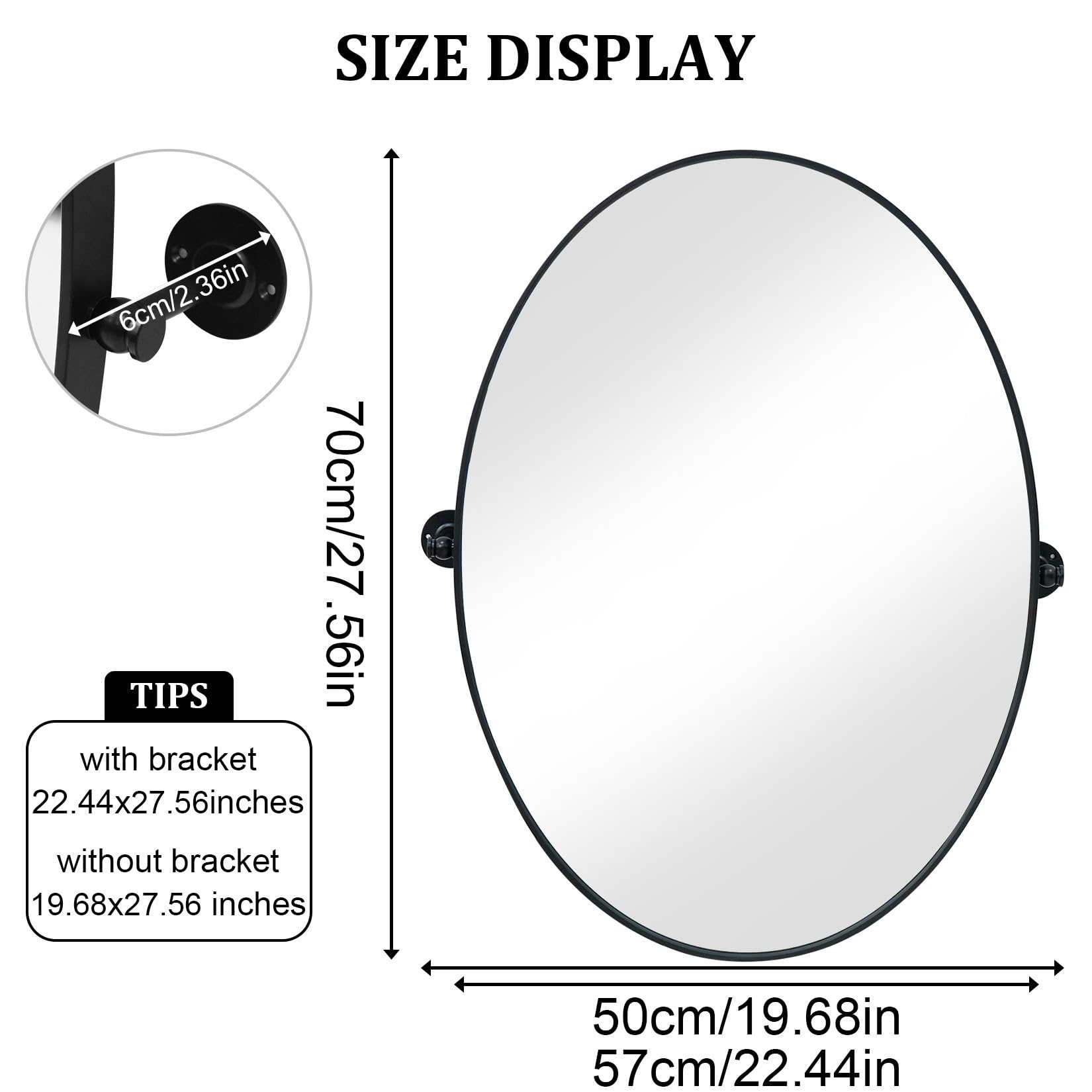 Specchio Angolo Arrotondato Girevole ±9° Telaio in lega di alluminio 50x70cm Nero Ovale