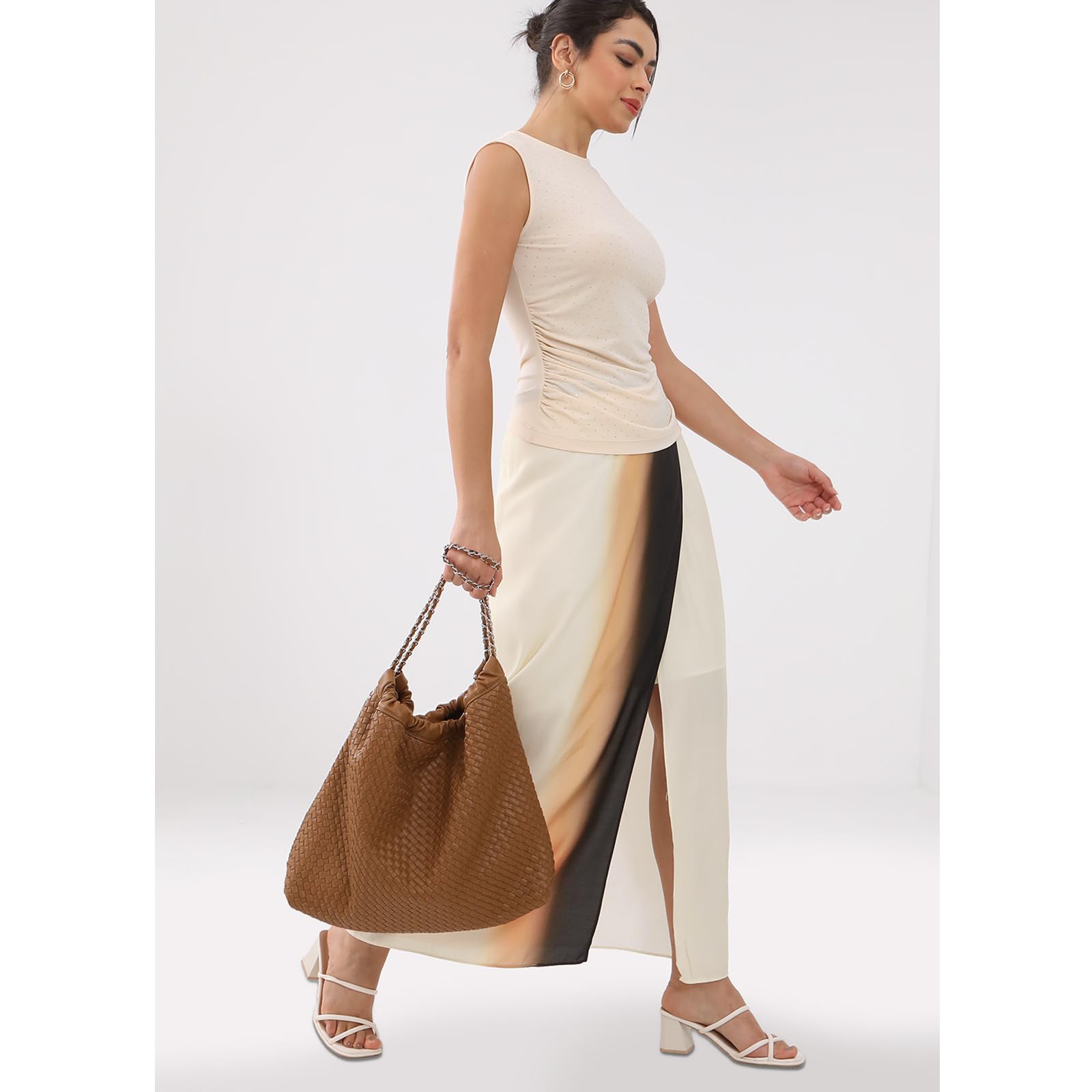 LIKEBAG Drawstring Bag for Women Leather Tote Large Capacity Travel Handbag and Purse Foldable Handmade Woven Shoulder Bag (Brown)