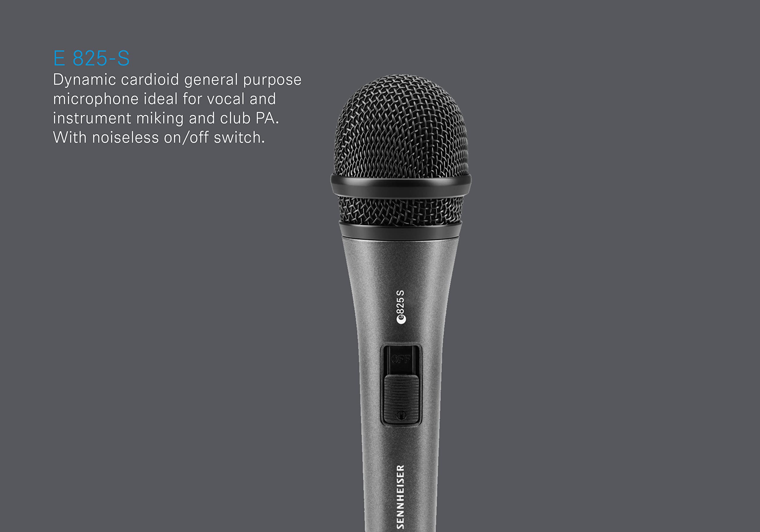 SENNHEISER E825S Microfono Professionale Dinamico Cardioide ideale per voce, strumenti ed amplificazione nei club, Completo d'interruttore on/off, Nero
