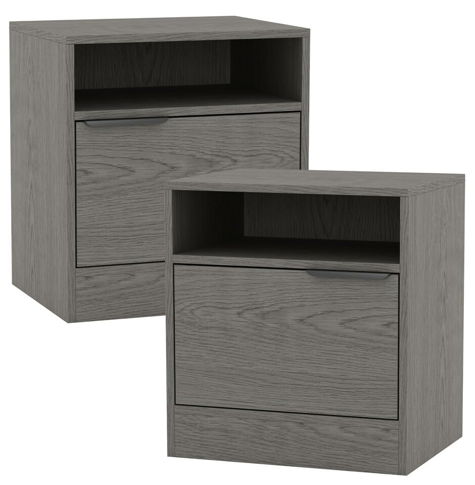 URBNLIVING 2 Pcs 1-Door Bedside Cedar Grey Table Nightstand Shelf File Cabinet Storage for Bedroom Wooden Furniture Modern Sofa Side End Compact Unit for Living Room H49.5cm x W45cm x D35cm