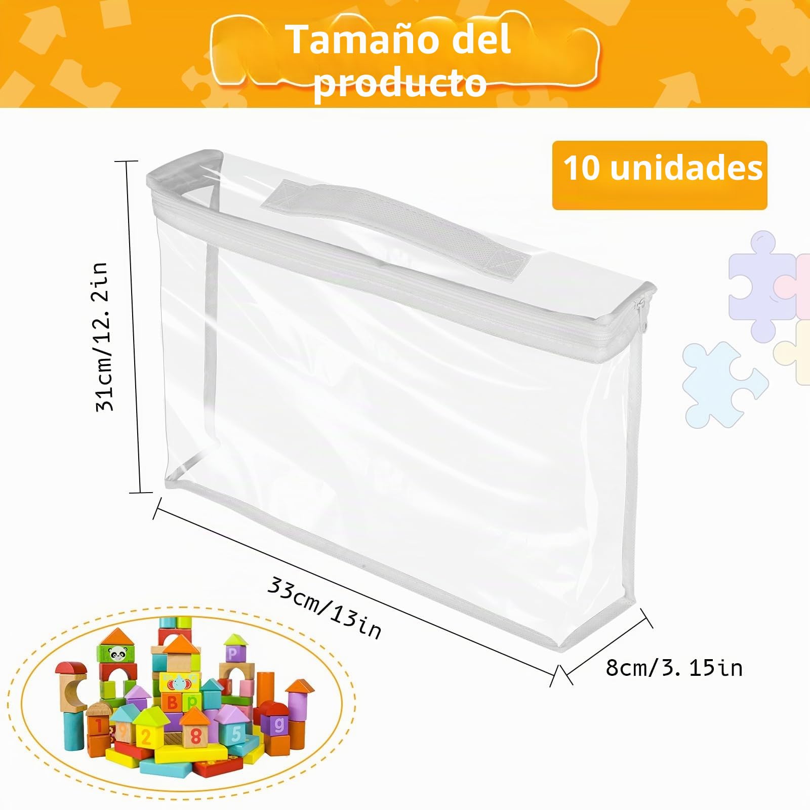 10 bolsas grandes de PVC para almacenamiento de juguetes con cremallera, 33 x 31 x 8 cm, impermeable y reutilizable, organizador de almacenamiento de juguetes