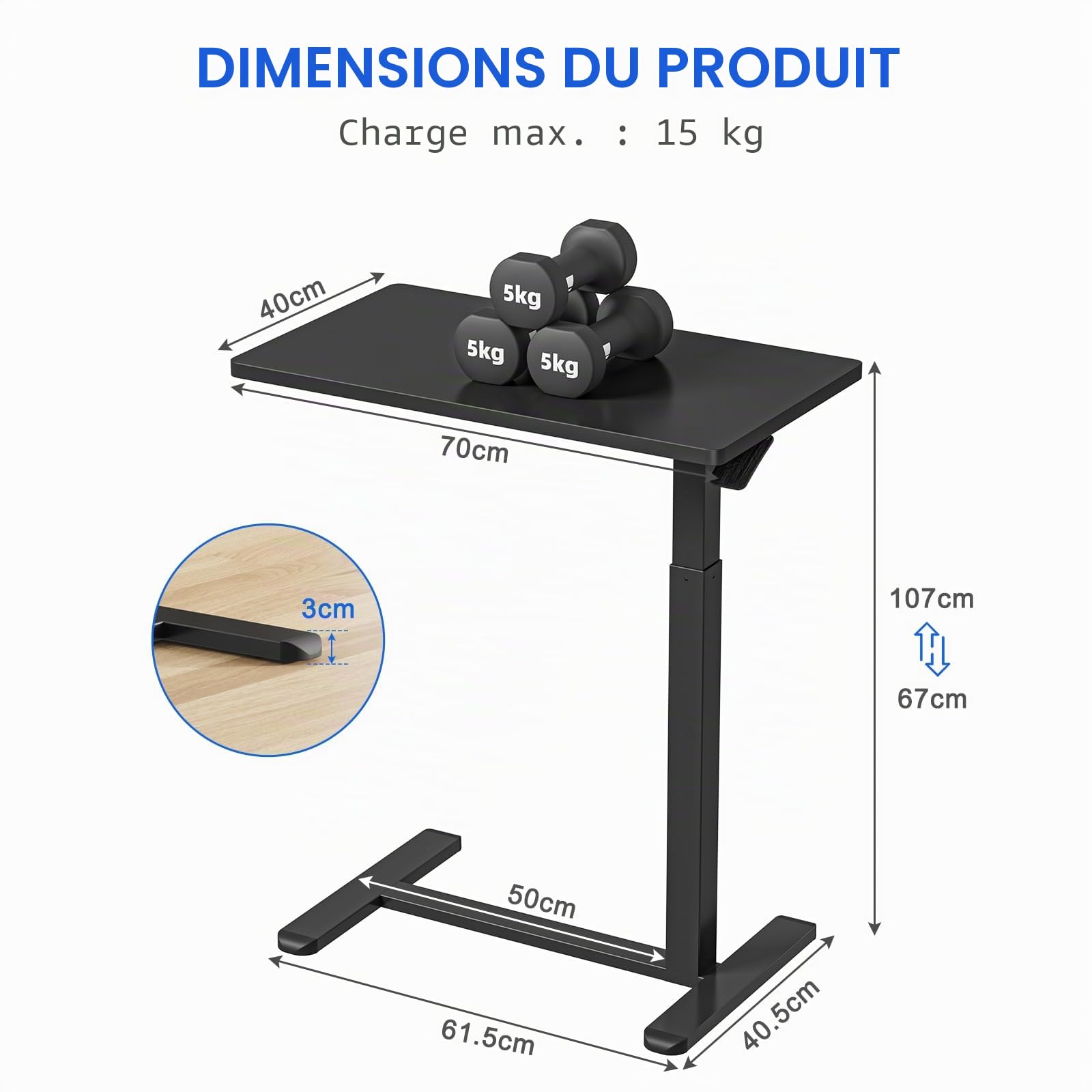 Dripex Table d'appoint avec roulettes Hauteur réglable pour Ordinateur Portable, Bureau en Bois, canapé, Table de Nuit, café pour Chambre, Salon Noir