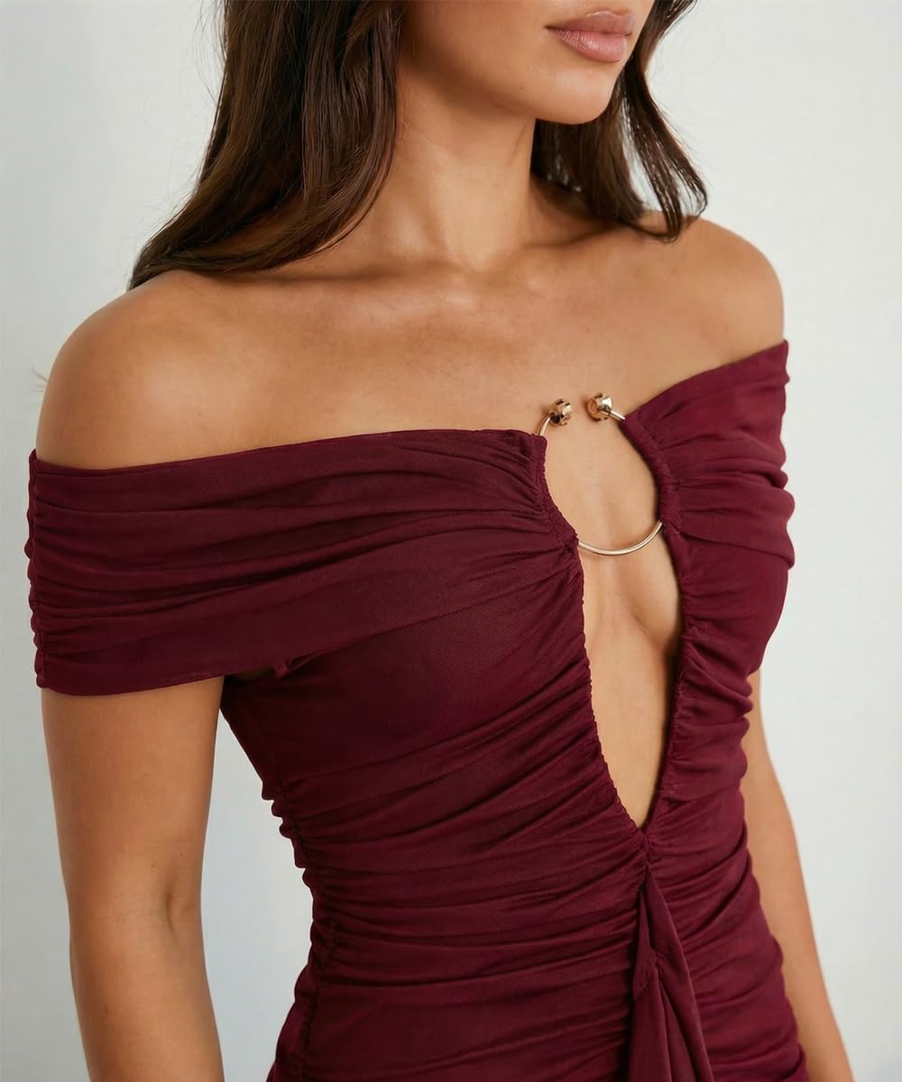 Women Deep V Neck Ruched Maxi Dress Sexy Off Shoulder Sleeveless Bodycon Gown Cocktail Evening Formal Dresses - Image 2