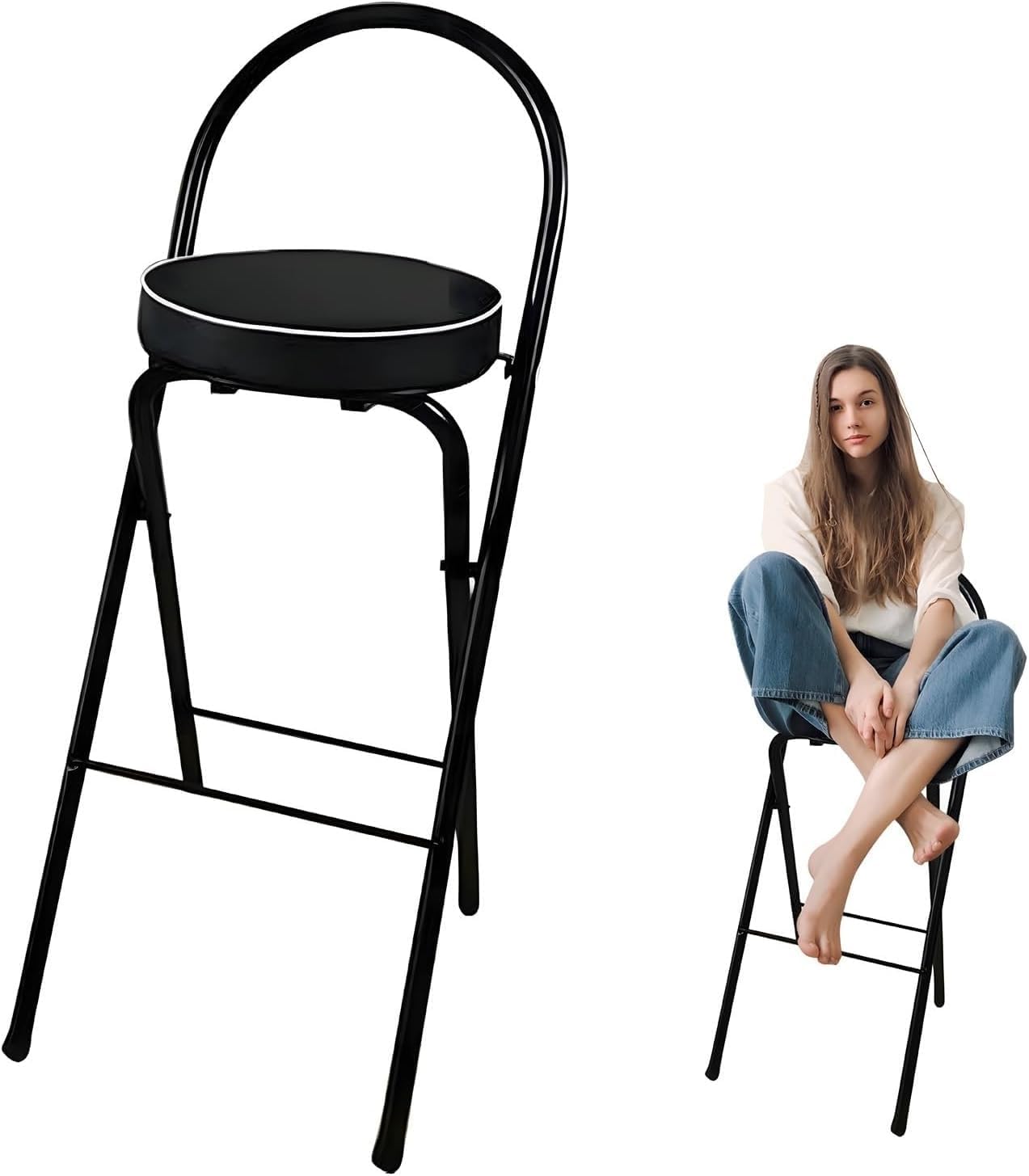 YHNNH Portable Padded PU Folding Stool, High Stool with Footrest, High Chair for Outdoor Camping, for Adults, Kitchen Island (Black 1pcs,65cm/26in)