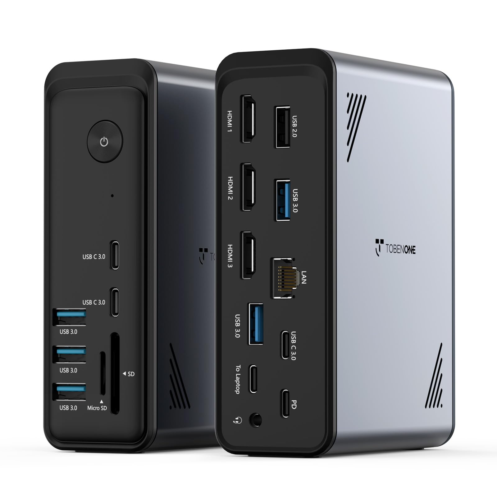 TobenONE Station d'accueil pour ordinateur portable 18 en 1 avec 3 moniteurs, triple écran 4K, 3 ports HDMI, 9 ports USB, Gigabit Ethernet, PD3.0, pour ordinateurs portables Windows/Dell/Lenovo/HP