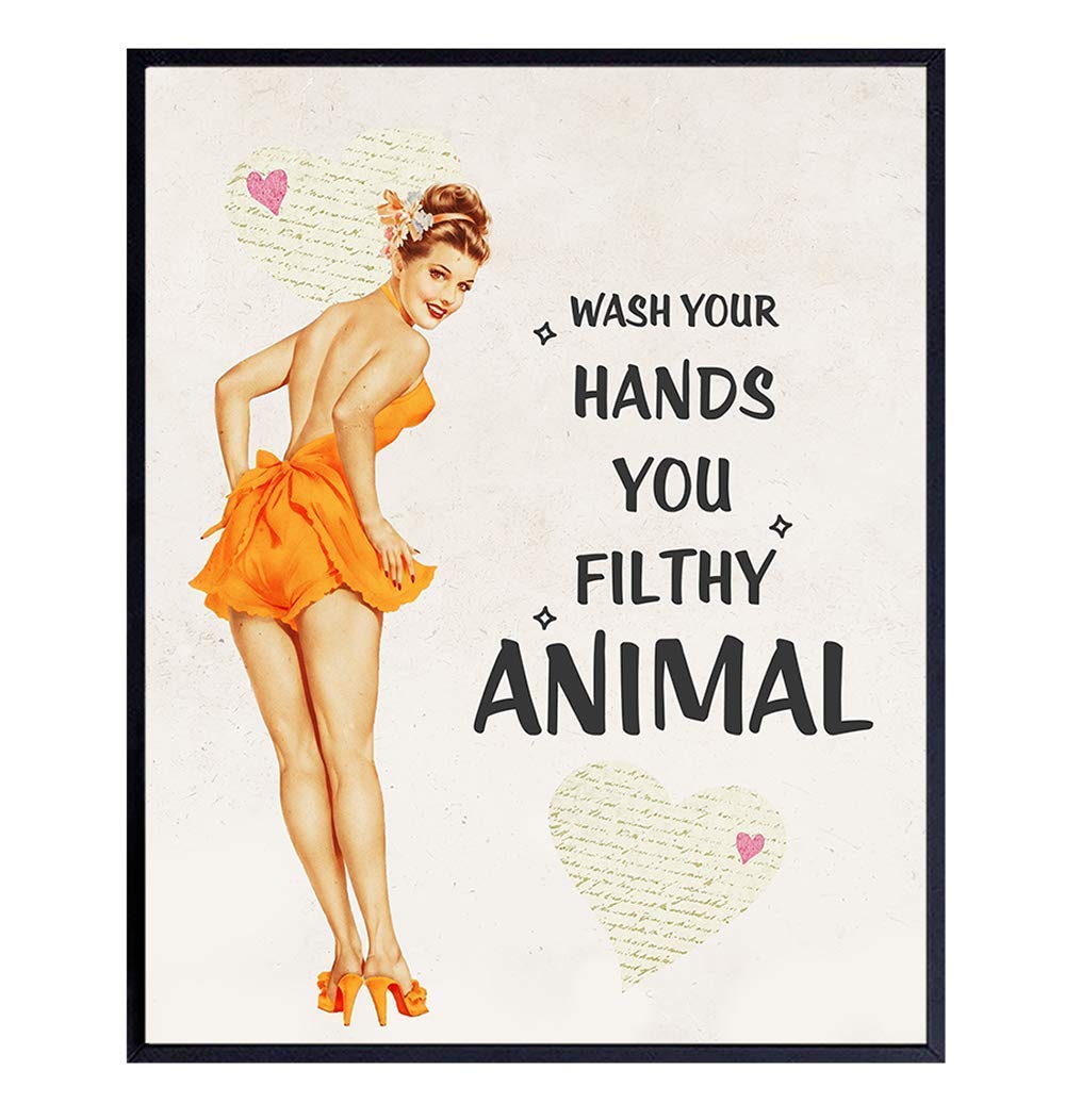 Wash Your Hands - Vintage Style Sign - Bathroom Home Art Pinup Print - Funny 8x10 Wall Decor Picture for Bath - Great Unique Humorous Gift - 1950s Retro Poster Print Decoration