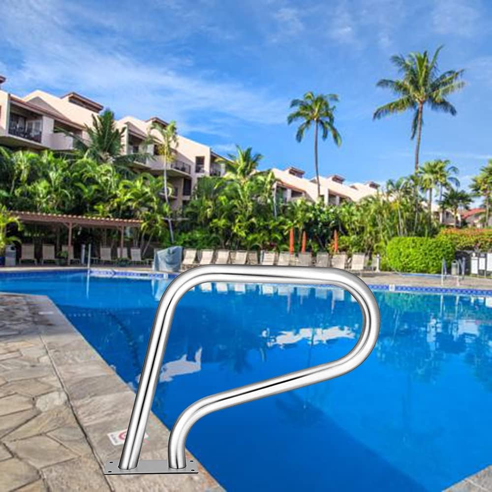 Pool Rail Swimming Pool Safety Hand Rail Swimming Pool Handrails, 304 Stainless Steel Stair Railing with Bottom Plate, 3-Bend Perfect Handles, Easy to Assemble