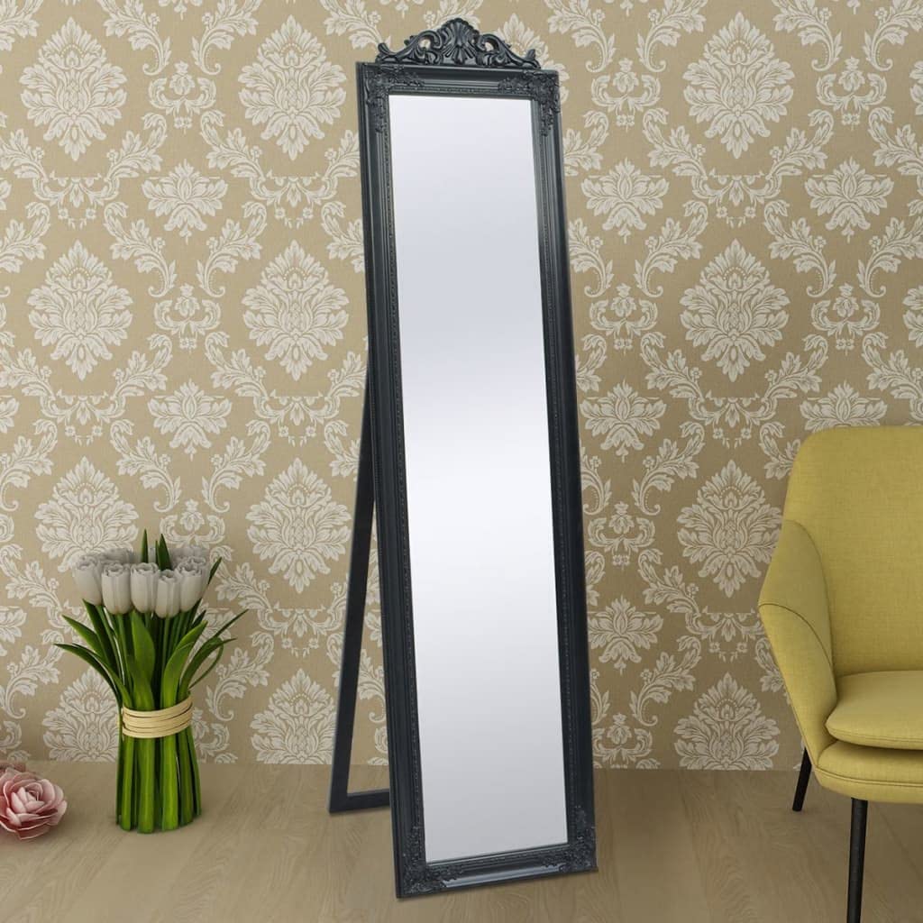 Lustro na całe ciało z ozdobną ramą w stylu barokowym, lustro stojące 160 x 40 cm, czarne, drewniana rama z dekoracyjnym wzorem barokowym, tworzy klasyczną atmosferę do korytarza,