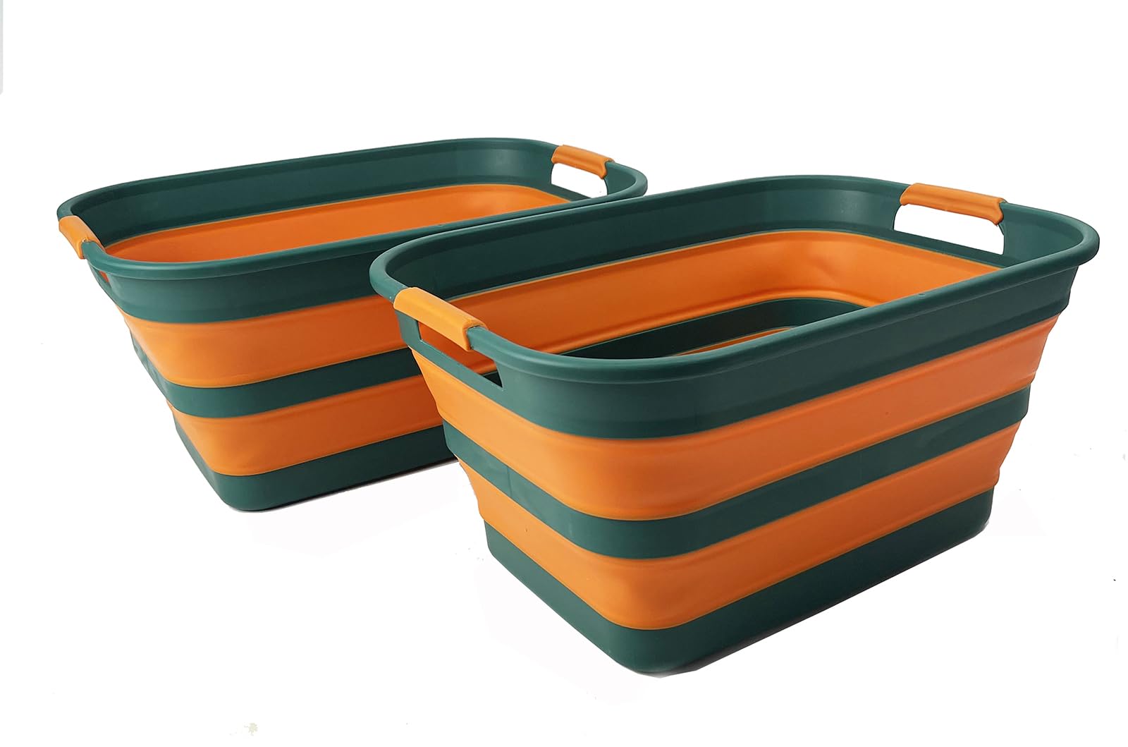 SAMMART Collapsible Plastic Laundry Basket with Handle/Foldable Pop Up Storage Hamper/Portable Laundry Organizer-Space Saving Washing Tub/Household Storage (Teal Green/Autumn leaf, 27L (Set of 2))