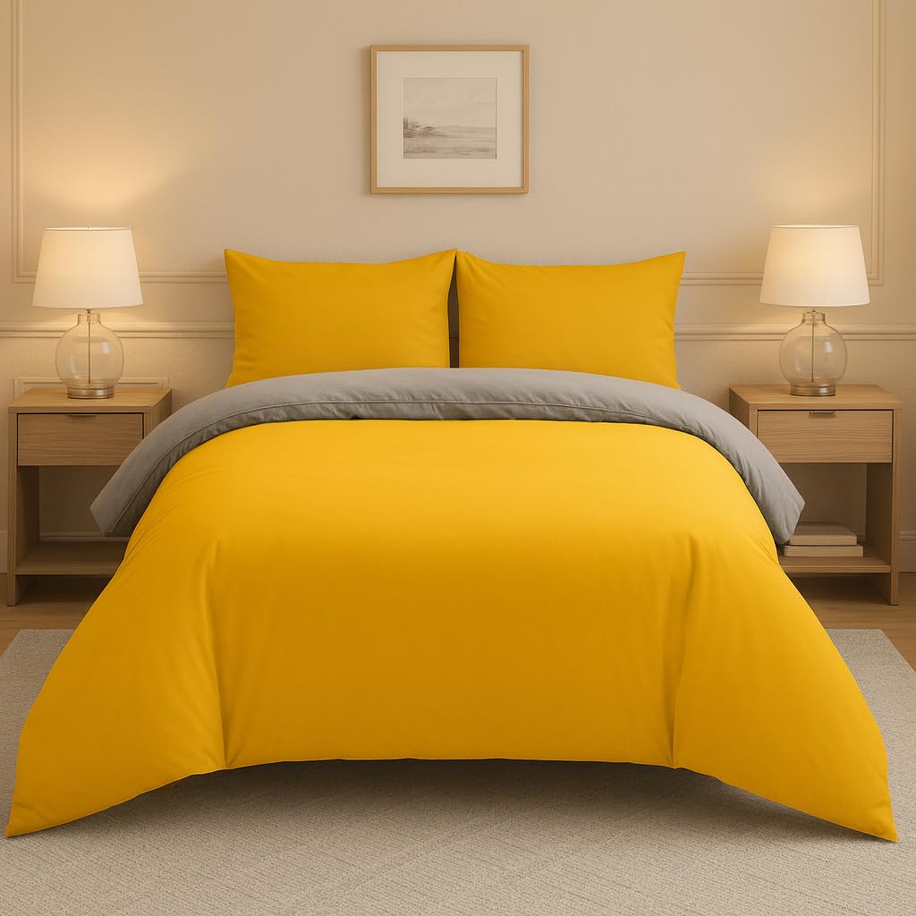 Lions Ochre/Grey Plain Dye Bedding, King Size Duvet Cover Sets With Pillowcase, 3 Piece Ultra Soft Reversible Quilt Covers Bed Set, Microfibre Premium Quality, 230X220cm,